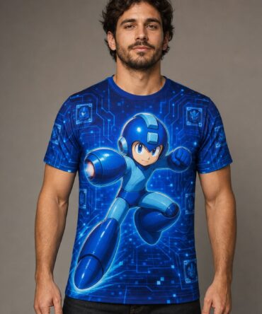 Remera Mega Man - Stage Select — frente, semi costado y espalda v3