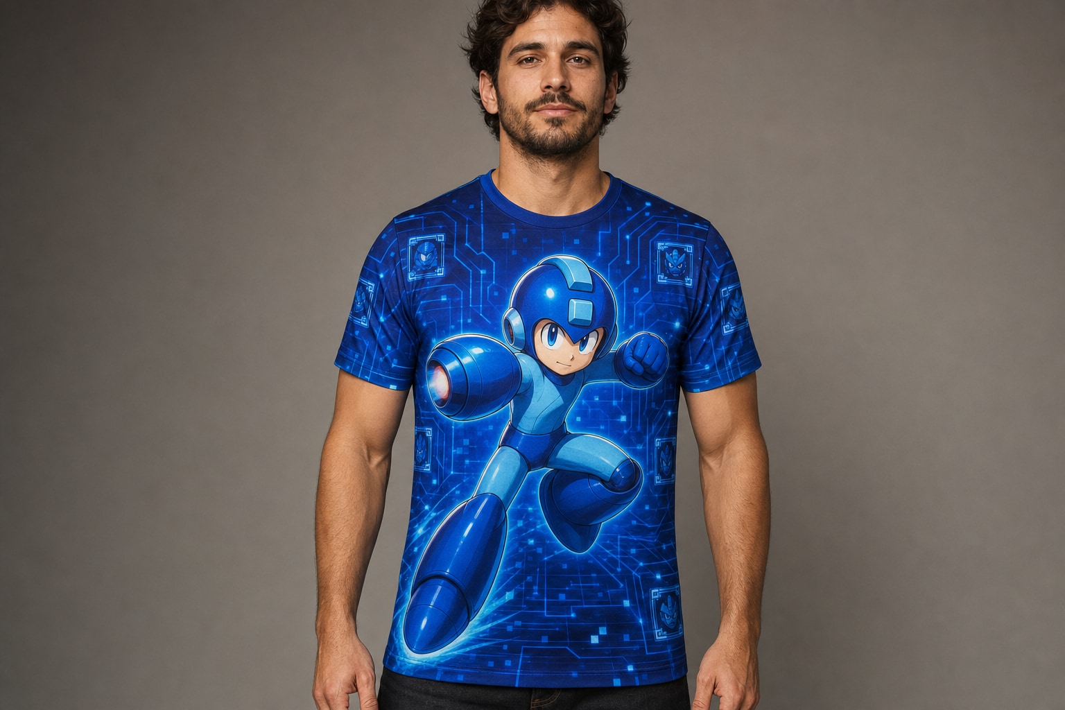 Remera Mega Man - Stage Select — frente, semi costado y espalda v3