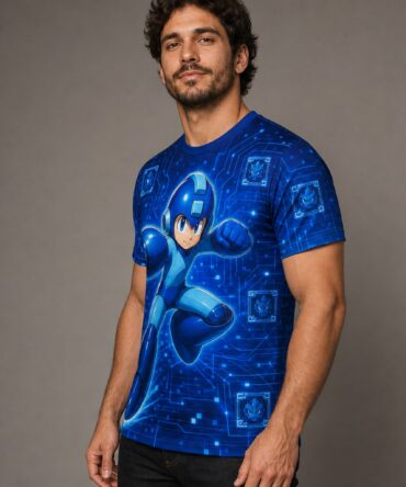 Remera Mega Man - Stage Select — frente, semi costado y espalda v3