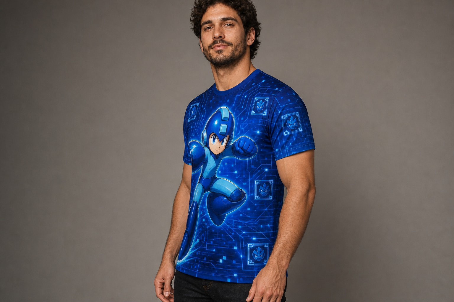 Remera Mega Man - Stage Select — frente, semi costado y espalda v3