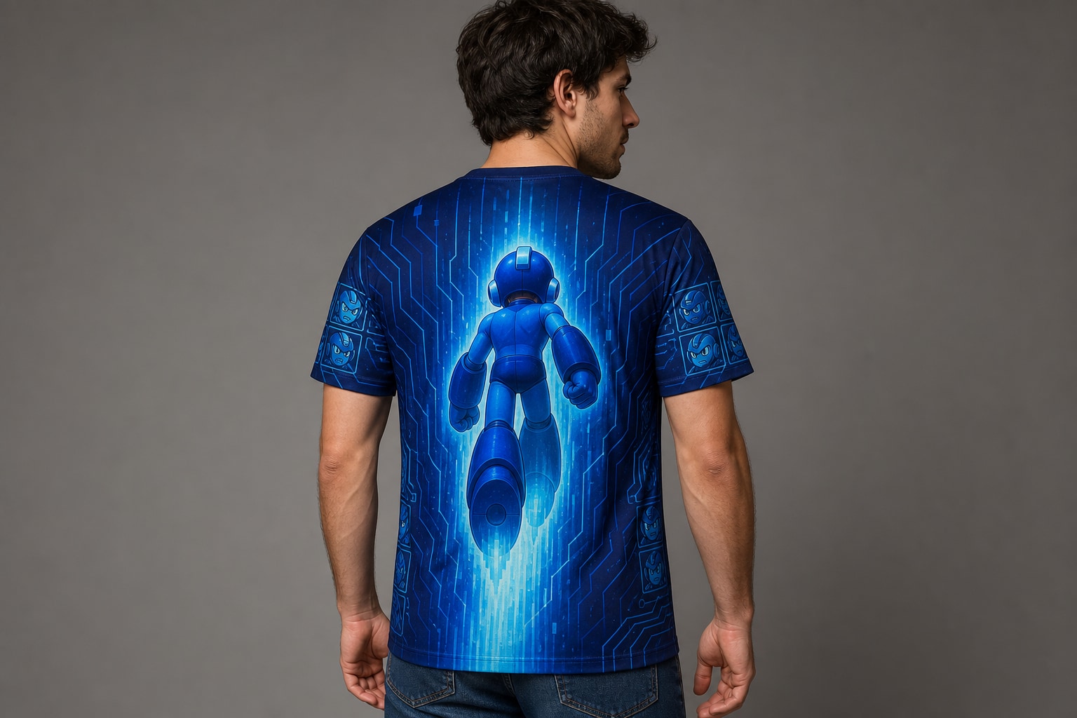Remera Mega Man - Stage Select — frente, semi costado y espalda v3