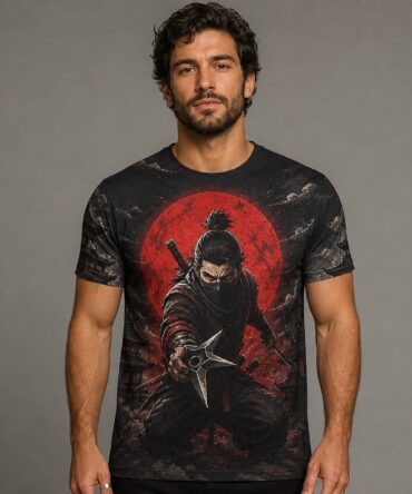 Remera Shinobi - Joe Musashi Red Sun — frente, semi costado y espalda v4
