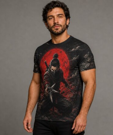 Remera Shinobi - Joe Musashi Red Sun — frente, semi costado y espalda v4