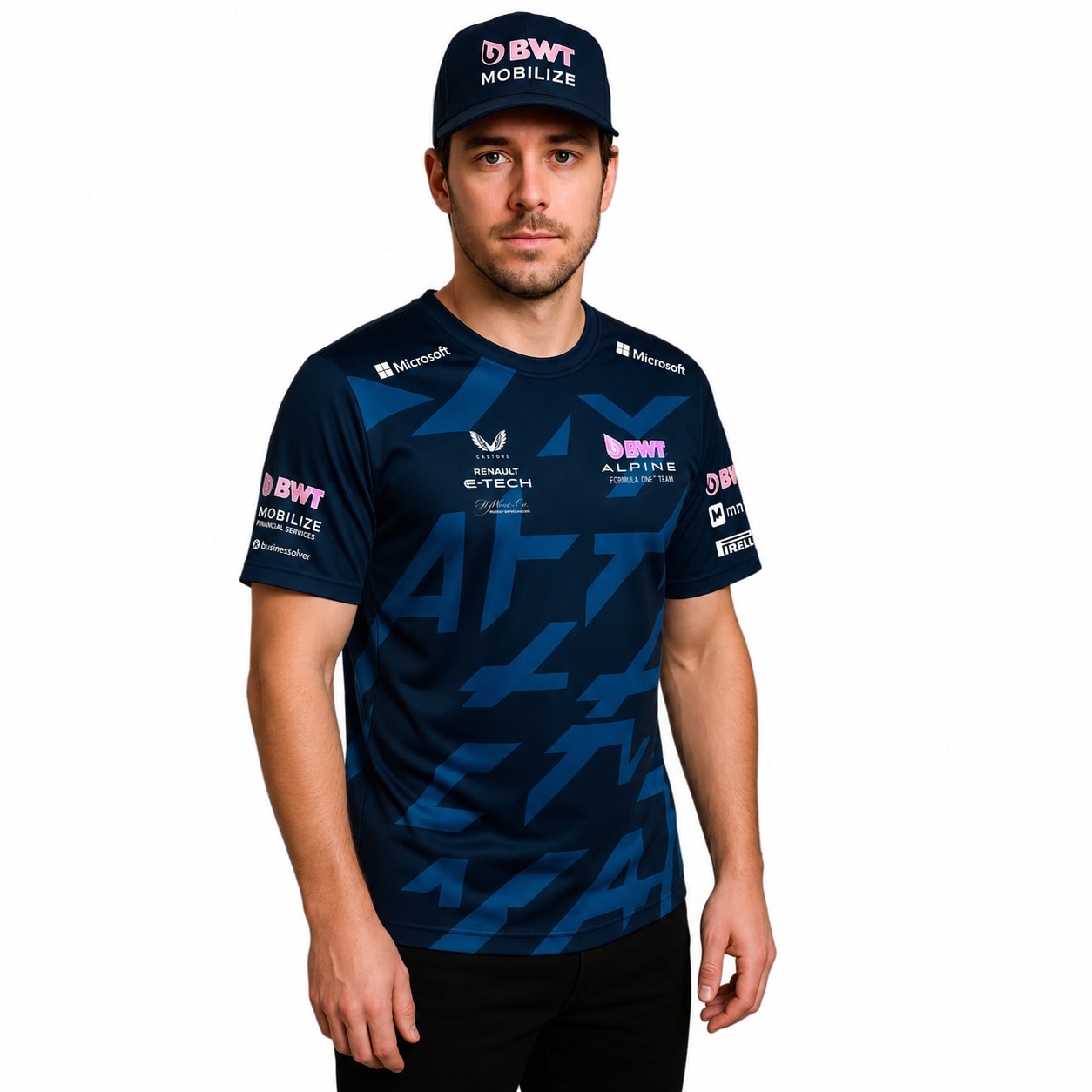 Remera Alpine Franco Colapinto mockup hiperrealista semi costado