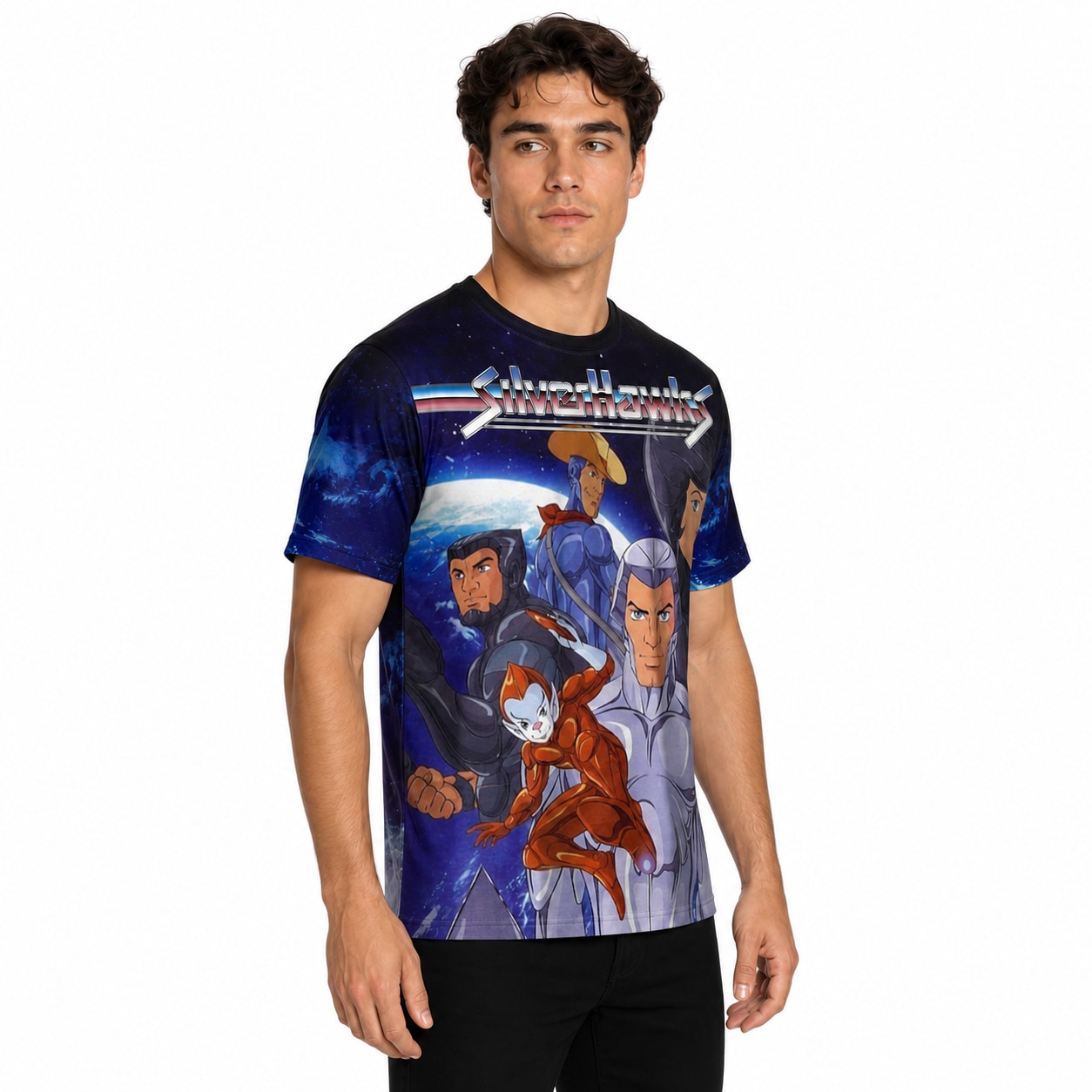 Remera Halcones Galacticos - semi costado con modelo humano