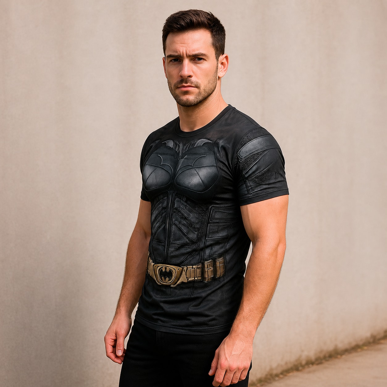 Remera Batman - semi costado con modelo humano