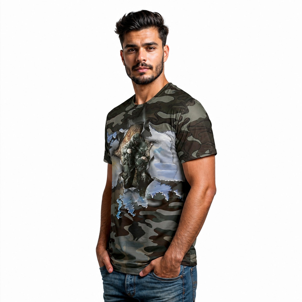 Remera Malvinas - semi costado con modelo humano