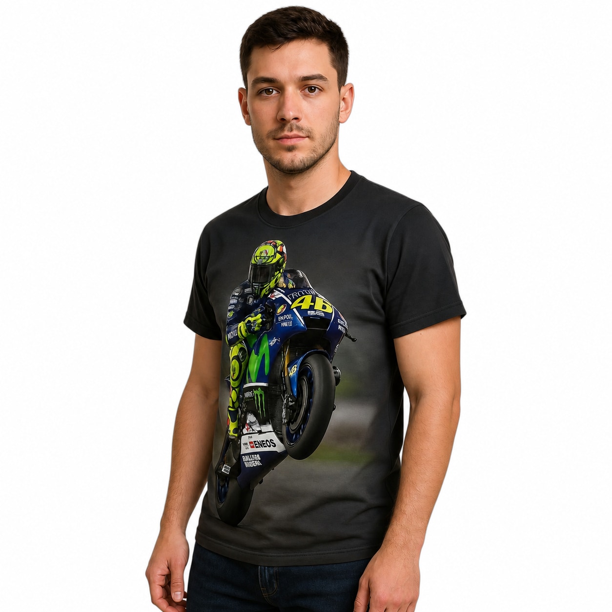 Remera Valentino Rossi - semi costado con modelo humano
