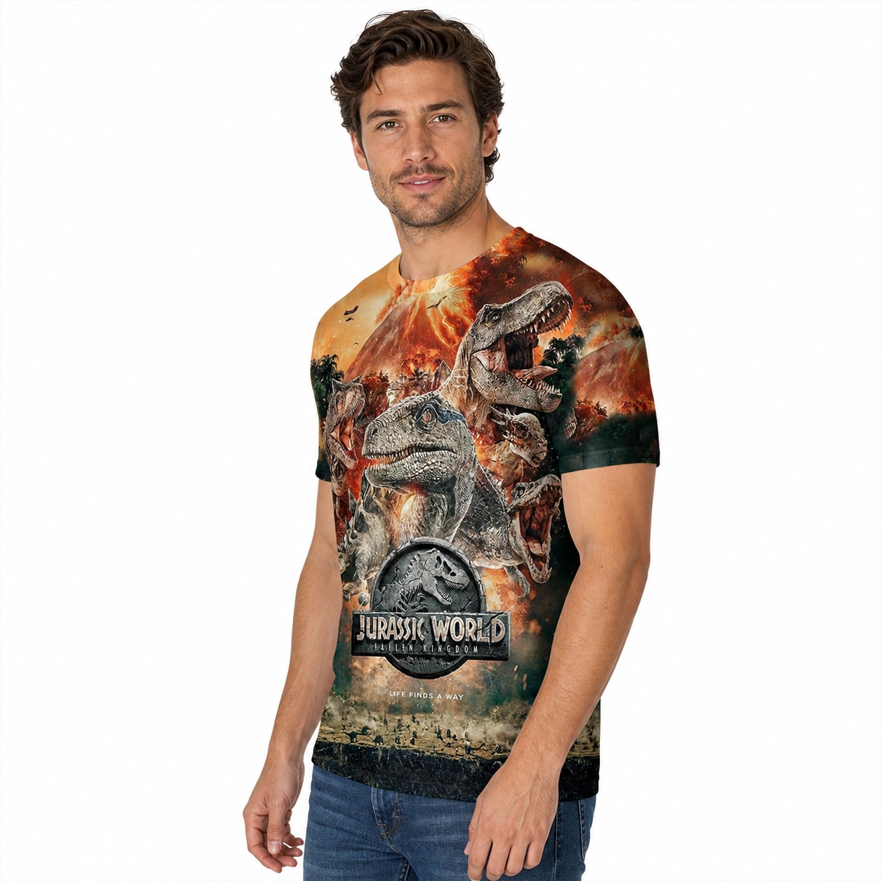 Remera Jurassic World - semi costado con modelo humano