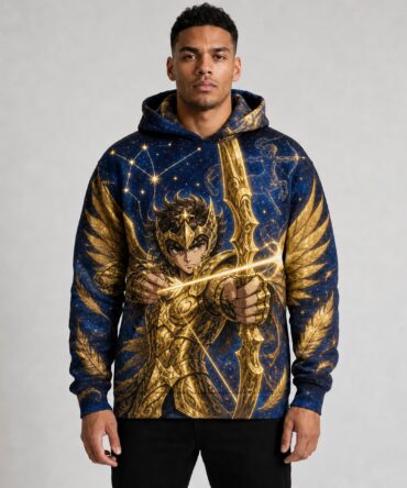 Buzo Aiolos de Sagitario Flecha Celestial — frente, semi costado y dorso