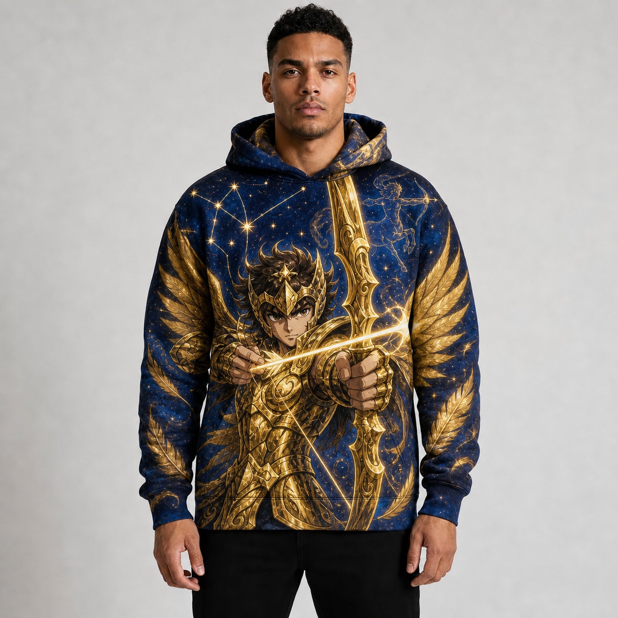 Buzo Aiolos de Sagitario Flecha Celestial — frente, semi costado y dorso