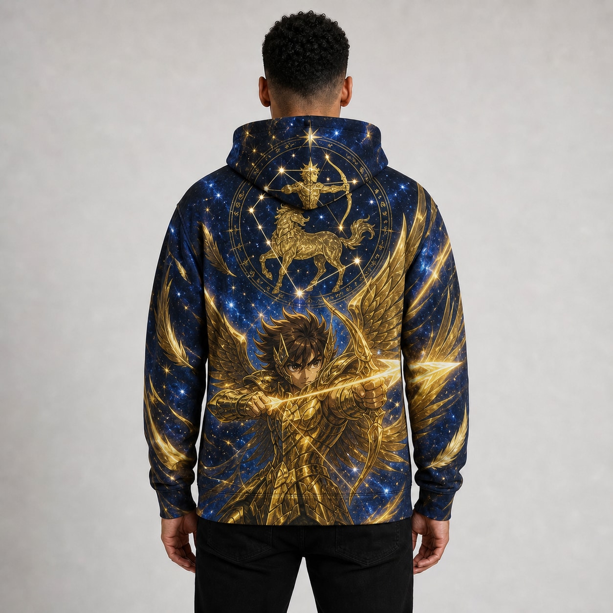 Buzo Aiolos de Sagitario Flecha Celestial — frente, semi costado y dorso