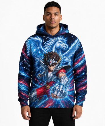 Buzo Seiya de Pegaso Meteoro Celestial — frente, semi costado y dorso