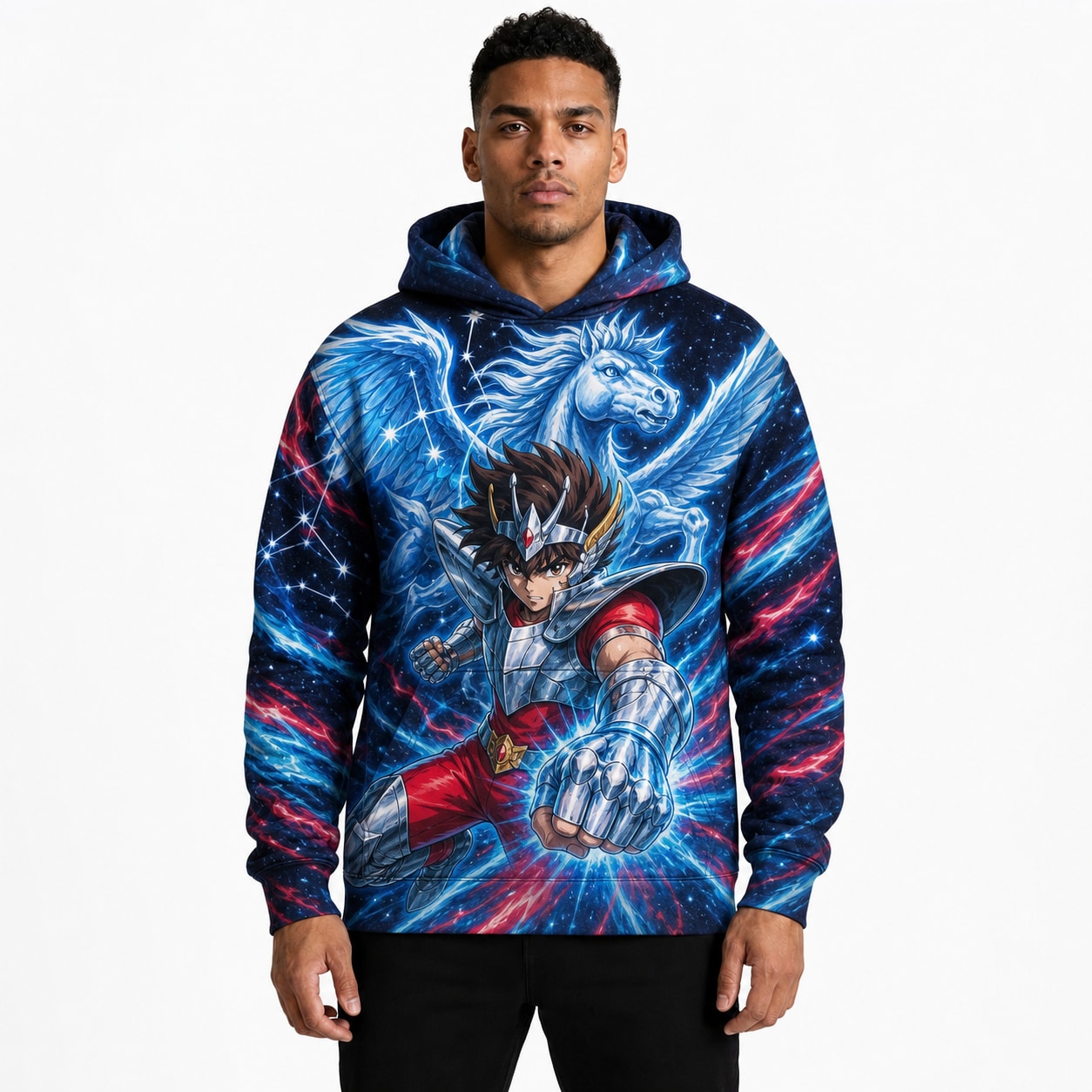 Buzo Seiya de Pegaso Meteoro Celestial — frente, semi costado y dorso