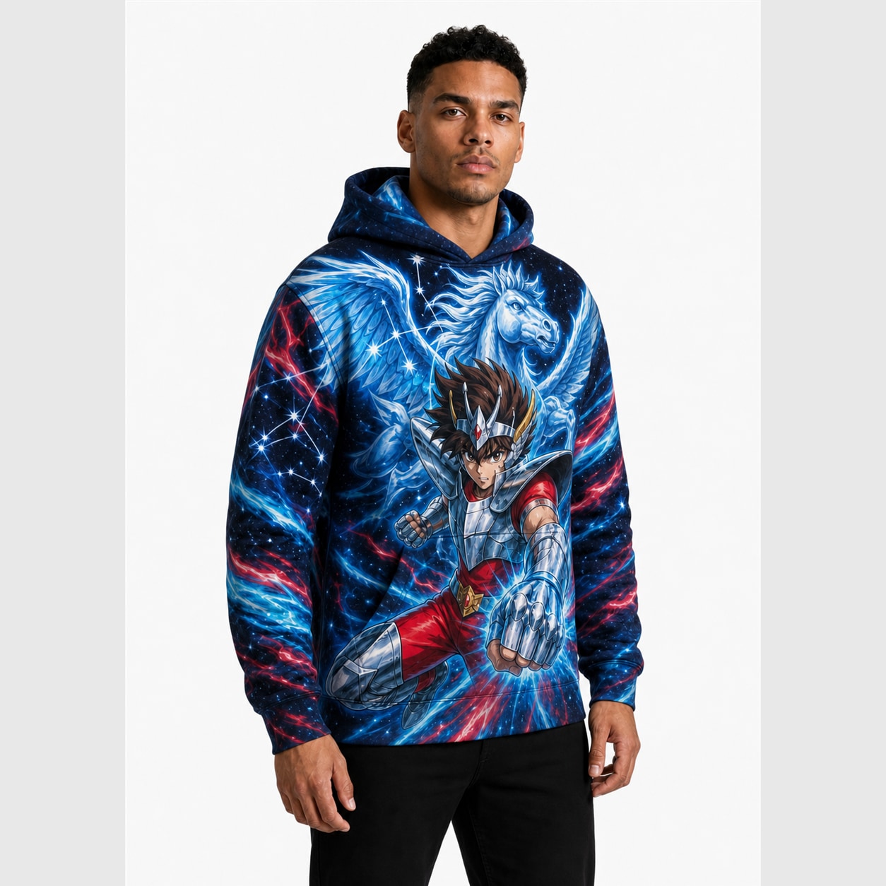 Buzo Seiya de Pegaso Meteoro Celestial — frente, semi costado y dorso