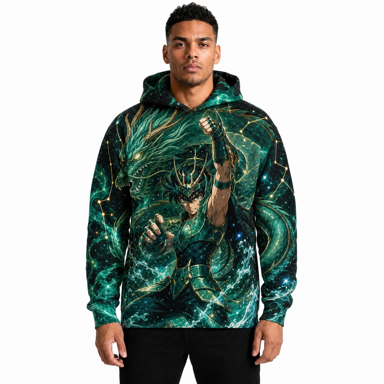 Buzo Shiryu de Dragón Cólera Esmeralda — frente, semi costado y dorso