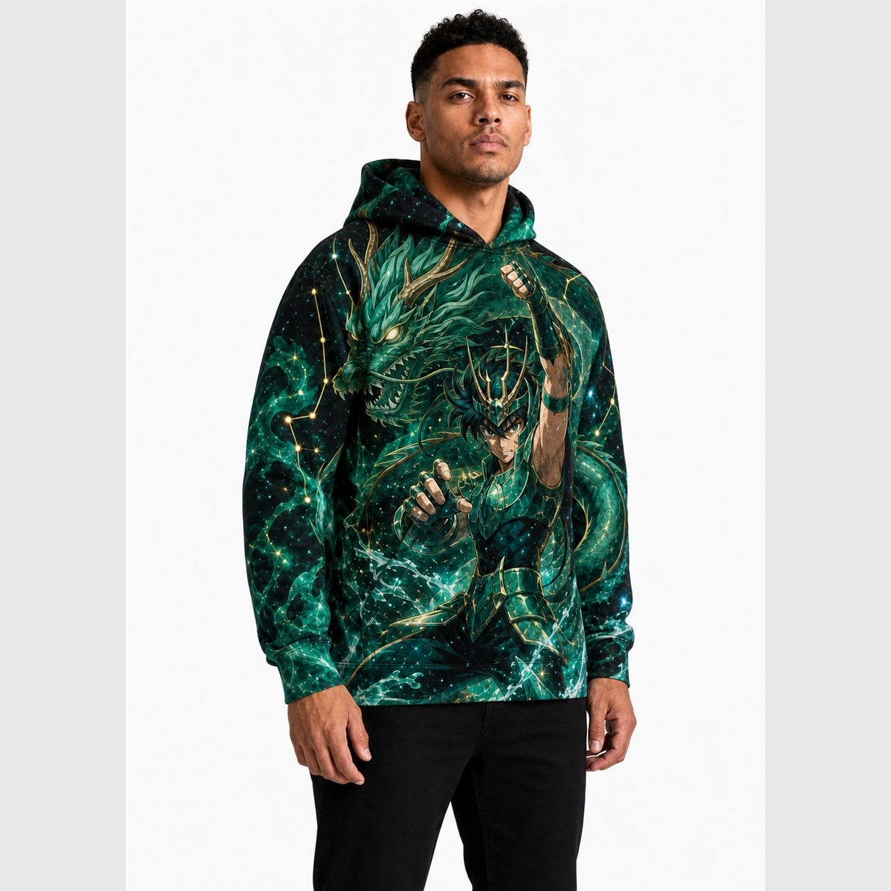 Buzo Shiryu de Dragón Cólera Esmeralda — frente, semi costado y dorso