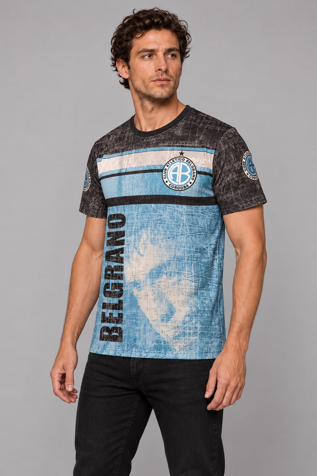 Remera Belgrano de Córdoba diseño celeste y negro