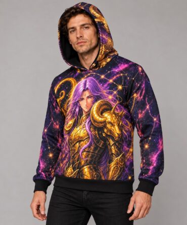 Buzo Mu de Aries Cosmos Estelar — mockup tres cuartos con capucha