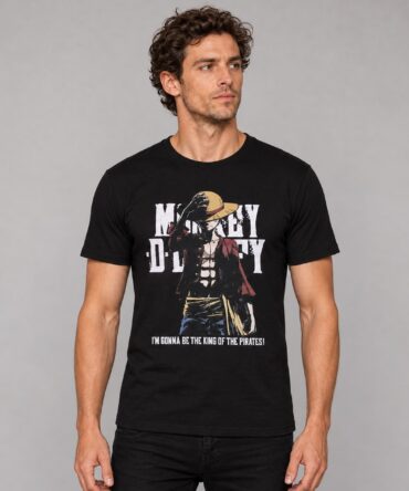 Remera Monkey Luffy One Piece Ranwey, negra con estampa frontal y dorso liso