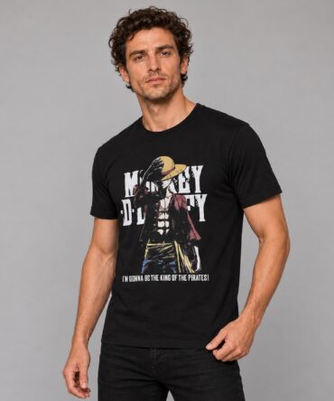 Remera Monkey Luffy One Piece Ranwey, negra con estampa frontal y dorso liso