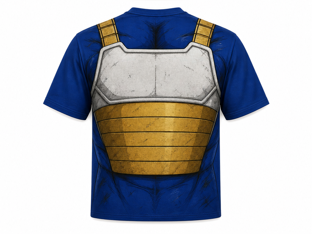 Dorso de Musculosa del traje tradicional de combate de Vegeta, sin mangas, diseño de Remera Vegeta Traje de combate