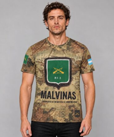 Remera Malvinas RI 3 Ranwey, escudo verde y dorso La Tablada 1982