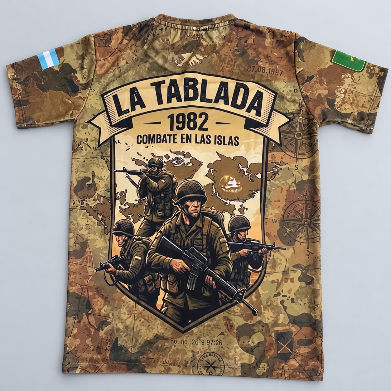 Remera Malvinas RI 3 Ranwey, escudo verde y dorso La Tablada 1982
