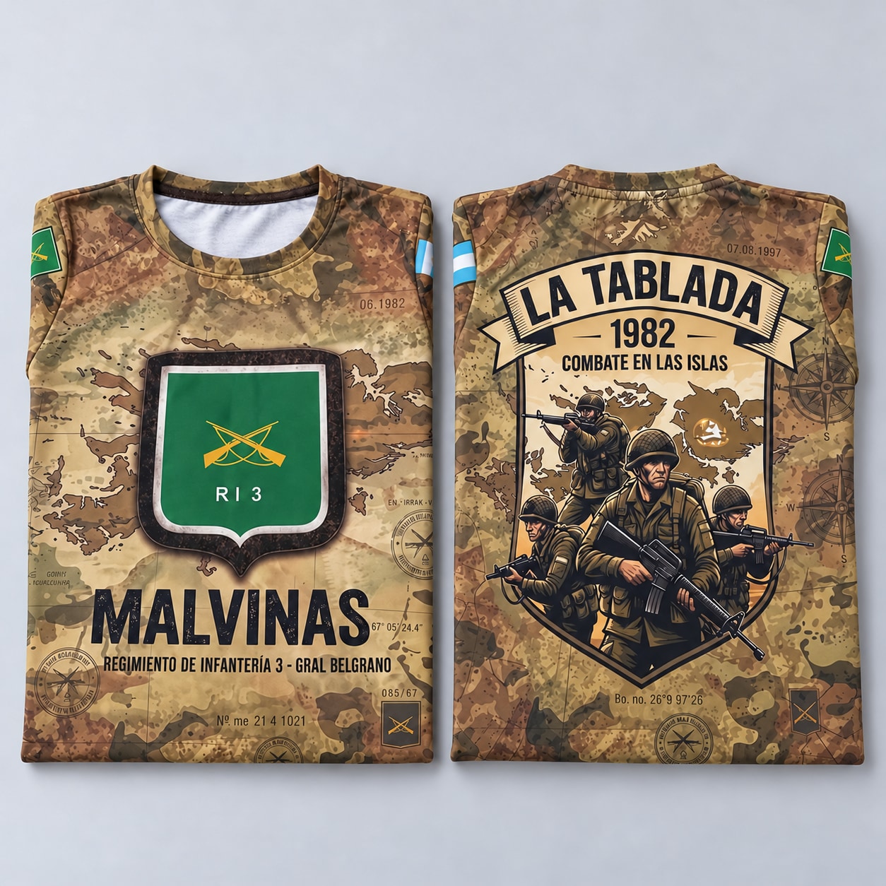 Remera Malvinas RI 3 Ranwey, escudo verde y dorso La Tablada 1982