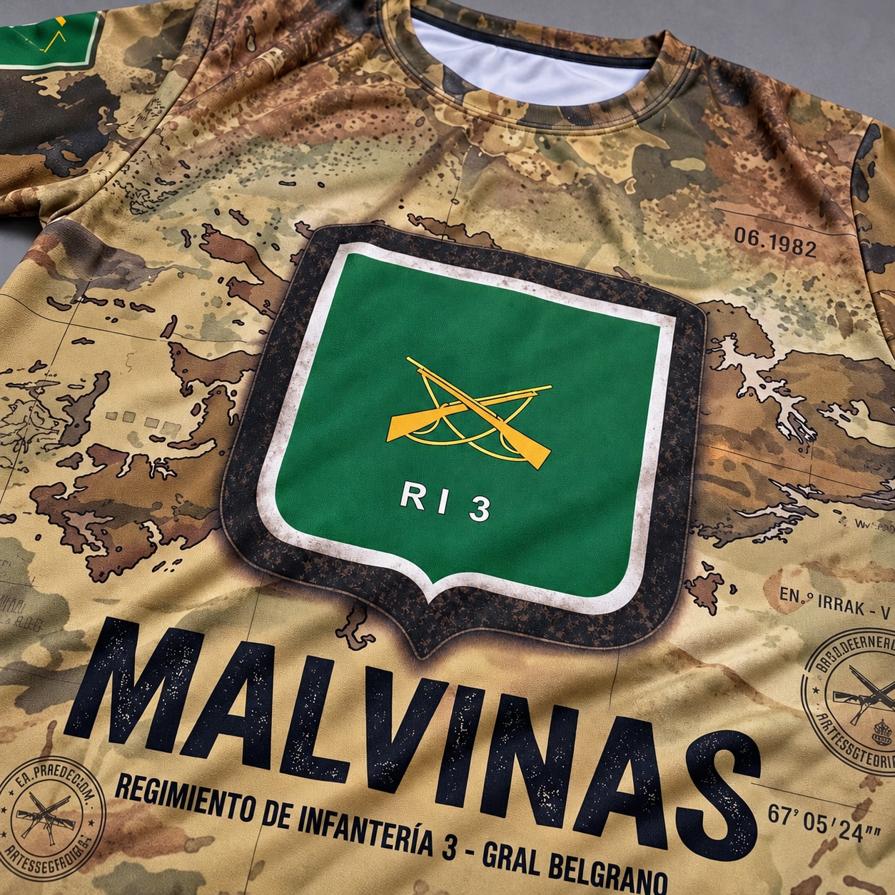 Remera Malvinas RI 3 Ranwey, escudo verde y dorso La Tablada 1982
